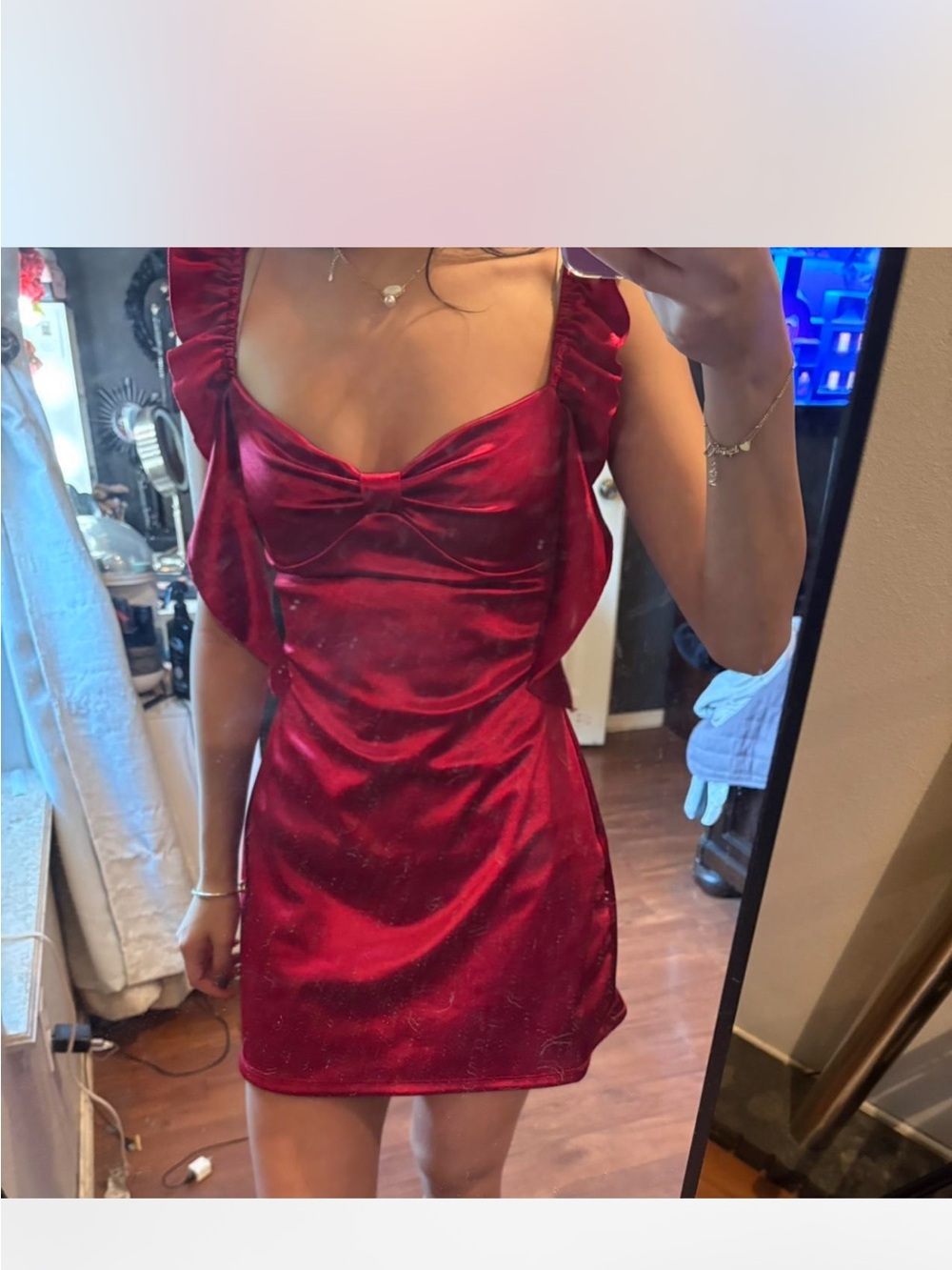 Red Velvet Mini Dress with Ruffled Straps
